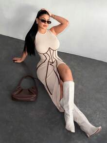 SHEIN SXY Women's Round Neck Sleeveless Fitted Mid-Length Dress With Side Slit Hem - Multicolor - View 3