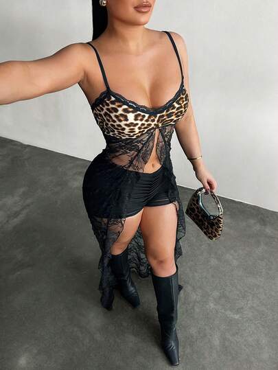 SHEIN SXY Sexy Lace Patchwork Leopard Print Camisole Top, Black Cowgirl Outfit, Black See Through Top, Sexy Women Outfits, Havana Nights Outfit,Club ,