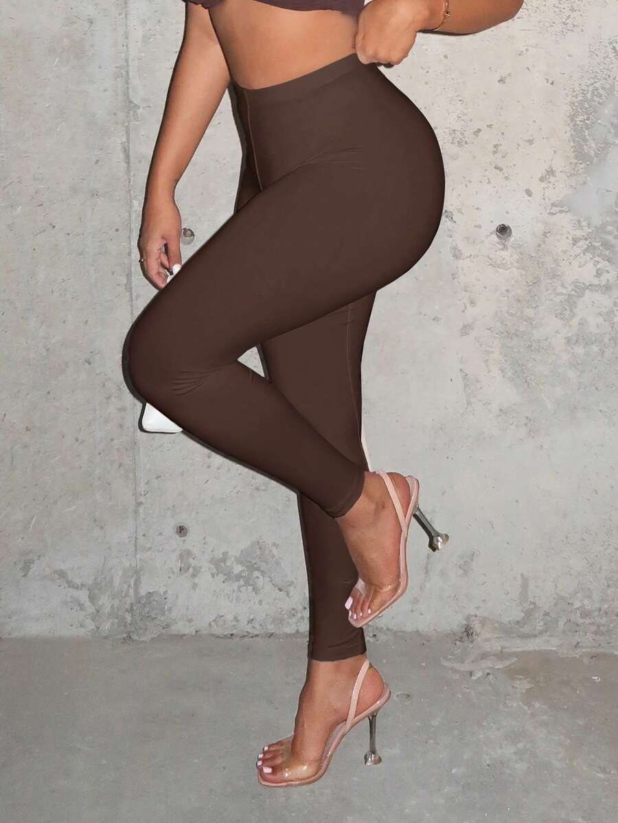 SHEIN SXY 女士纯色高腰休闲百搭日常瑜伽紧身裤 - 棕色 - 查看 1