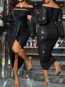 Cravure Vestido elegante y sexy con abertura lateral para mujer talla grande, con hombros descubiertos y mangas con volantes, vestido ajustado para fiestas, adecuado para citas, fiestas DiverChic-D, otoño/invierno - Negro - Ver 1