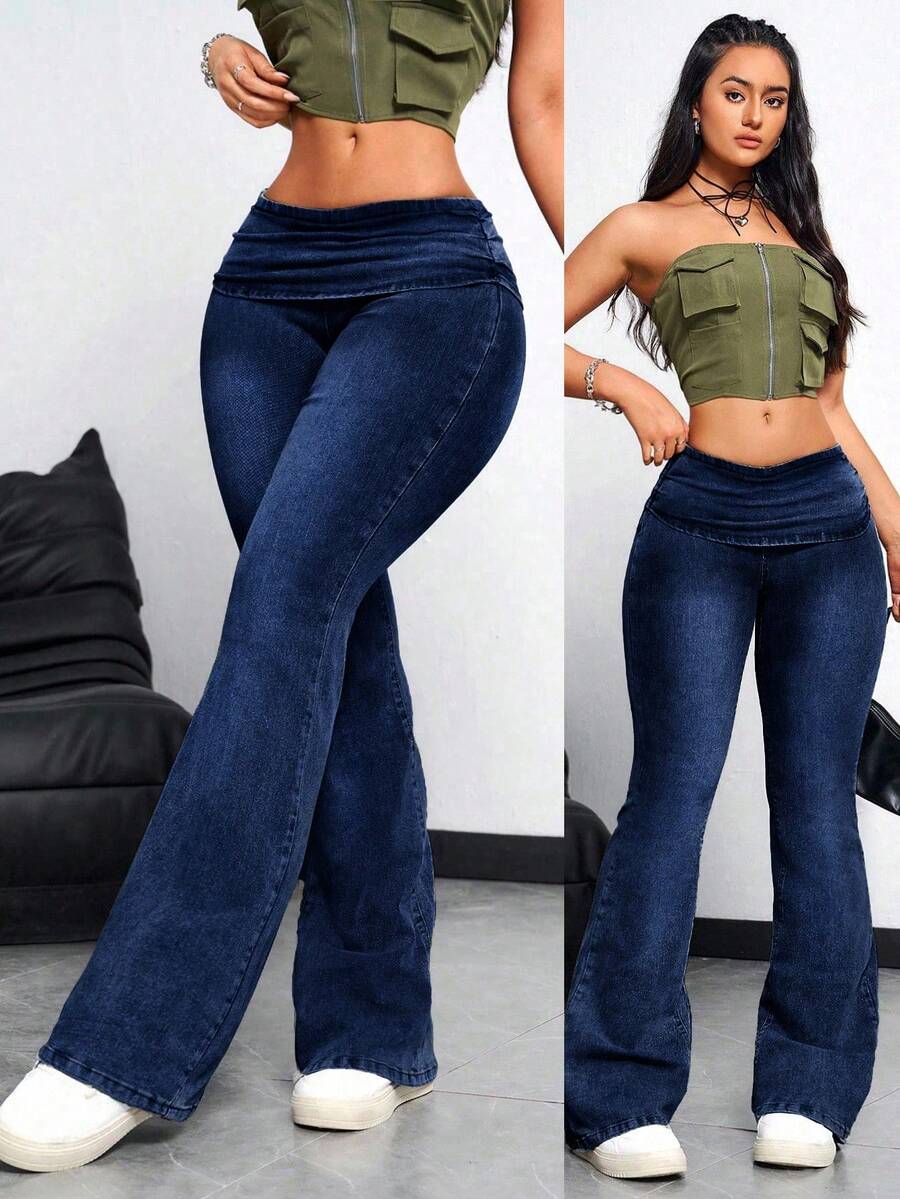 Rivivi 女士休闲时尚喇叭褶皱腰部牛仔裤 - 藍色 - 查看 1