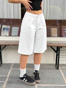 SHEIN EZwear Women's Casual Everyday Commute Simple Versatile Solid Color Pleated Loose Denim Capri Pants - White - View 1