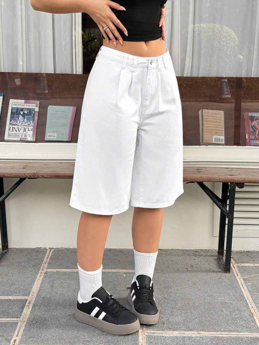 SHEIN EZwear Women's Casual Everyday Commute Simple Versatile Solid Color Pleated Loose Denim Capri Pants - White - View 1