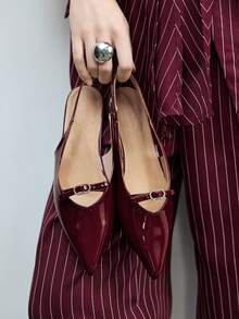 CUCCOO BIZCHIC Women's Burgundy Patent Leather Pointed Toe Backless Strap Comfortable Simple Rhinestone Decor Flat Slip-On Shoes, Suitable For Work Valentine's Day - Burgundy - View 5