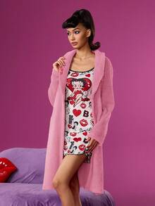 Betty Boop x SHEIN Women's Autumn/Winter Heart & Figure Embroidered Plush Robe - Pink - View 6