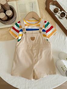 2件套男婴针织条纹休闲T恤和纯色梭织背带裤套装 - 彩色 - 查看 3