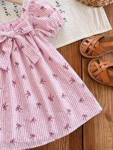 SHEIN LMoss Kids Baby Girl Woven Bow Striped Square Neck Puff Sleeve Fitted Dress,Kids - Multicolor - View 6