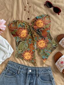 Soleia Áo nữ phong cách giản dị, tối giản, kiểu bohemian, thanh lịch, lãng mạn, cổ điển, họa tiết thần mặt trời, hoa lá, thoải mái với viền bèo xoắn, thích hợp cho mùa xuân/hè. - Nhiều màu - Xem 8