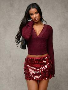 SHEIN BAE 女士纯色亮片修身优雅半身裙 - 紅色 - 查看 3