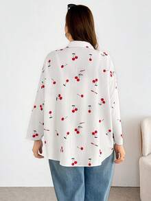 Shapeblank Áo sơ mi trắng dài tay cài cúc in hình quả anh đào, kiểu dáng thường ngày thoải mái, rộng rãi, đa năng dành cho nữ cỡ lớn, thời trang xuân/hè. - trắng - Xem 2