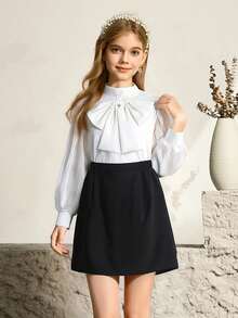 SHEIN 2件套少女雪纺长袖可拆卸大蝴蝶结高领上衣和黑色裙子，优雅时尚的春、夏、秋季服装，适合日常穿着、生日、派对等场合。 - 黑與白 - 查看 8