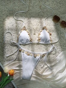 Swim SXY 女士白色贝壳装饰露背性感沙滩比基尼泳衣，适合夏季度假 - 白色 - 查看 7