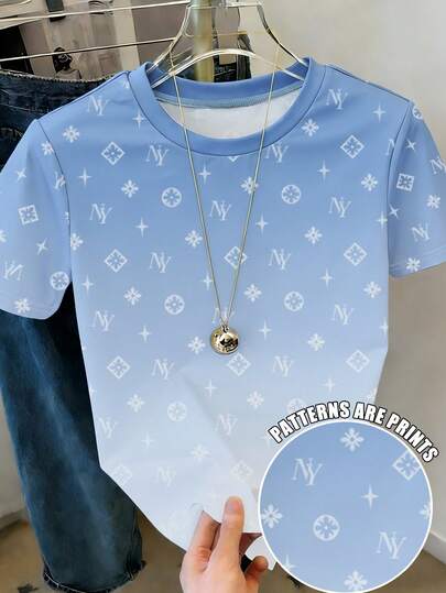 Resyla Blue Ombre Numeric Print Casual T-Shirt, Fashionable Short Sleeve Top For Summer
