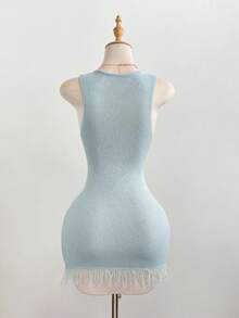 Flirla 女士性感时尚串珠装饰流苏下摆无袖迷你针织连衣裙 - 藍色 - 查看 2