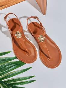 SHUZIA Women Comfy Vacation Metal Decor Ankle Strap Clear Jelly Flat Sandals - Maroon - View 2