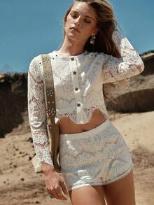 MOTF STUDIO 2PCS WOMEN LACE STUDDED TOP AND SHORTS SET - White - View 1