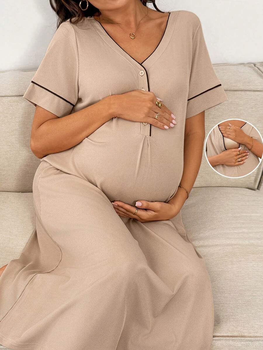 SHEIN 孕妇休闲短袖纽扣连衣裙 - 杏色 - 查看 1
