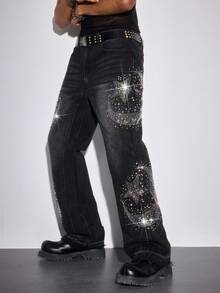 ROMWE MEN Street Life 男士水钻装饰牛仔裤，适合日常穿着，春夏款 - 黑色 - 查看 7