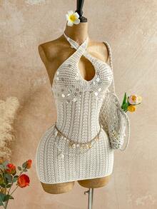 Soleia 女士纯色亮片镂空交叉吊带针织连衣裙，度假款 - 米色 - 查看 3