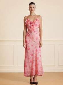 EMERY ROSE Pink Floral,Autumn,Elegant,Wedding Ninang Women's Long Dress,Digital Printed Patterns Flower Handcrafted Ruffled Edge Strapless Lining Dress - Multicolor - View 7