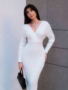 Hitanina 女士性感优雅白色 V 领露肩长袖修身毛衣裙，适合日常穿着、办公室、约会、休闲、派对、感恩节、圣诞节白色中长裙白色长袖连衣裙白色紧身连衣裙罗纹中长裙秋冬 - 白色 - 查看 6