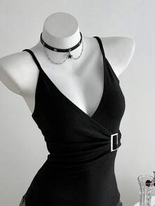 Elamini Áo camisole nữ màu trơn, đính kim loại, xếp ly, thời trang, đa năng, thích hợp cho hẹn hò và dự tiệc. - màu đen - Xem 5