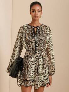 SHEIN Veneréa Elegant Vintage Snake Skin Print Waist Tie Bow Long Sleeve Ruffle Hem Animal Print Short Dress For Women - Multicolor - View 4