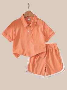 SHEIN Explorewe 2pcs/Set Young Girl Minimalist Sporty Light Pink Summer Orange Short-Sleeve Knit Polo Shirt & Color-Block Athletic Shorts Set,School Sports Outings - Orange - View 1