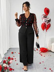Elenzga Conjunto de 2 piezas elegante para fiesta de otoño en talla grande, color negro y rojo, cárdigan con cuello en V, mangas abullonadas con patchwork de malla en forma de corazón, botones de perla, bajo asimétrico, pantalones - Negro - Ver 6