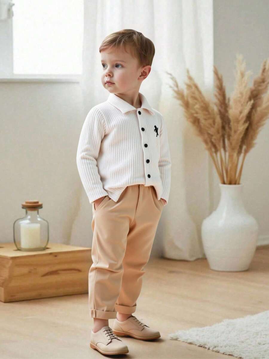 SHEIN 2pcs Young BoyRibbed Knit Collared Long Sleeve Shirt And Ribbed Woven Casual Pants Set, Spring/Autumn - Apricot - View 1