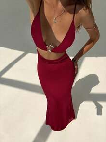 Aloruh Đầm maxi cổ yếm tối giản màu trơn dành cho nữ, thích hợp mặc hàng ngày. - Màu Đỏ Sâu - Xem 7