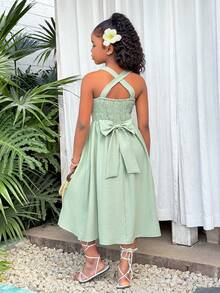 SHEIN Girls' Gray-Green Backless Bow Tie Princess Dress, Spring Style, Waist Cinched, Suitable For Party, Banquet, Birthday Occasions - Green - View 3