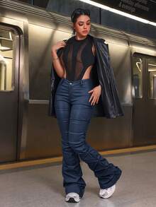 SHEIN Unity Women's Casual Commuter Solid Color Pleated Flare Pants - Navy Blue - View 3