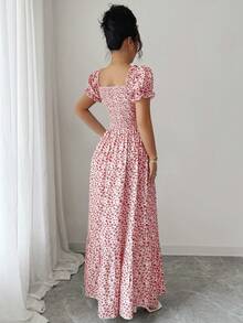 Elenzga New Women's Digital Print Puff Sleeve Tie Front Backless Waist Cinched Dress, Elegant & Chic For Vacation, Date, Flattering & Slimming - Watermelon Pink - View 2