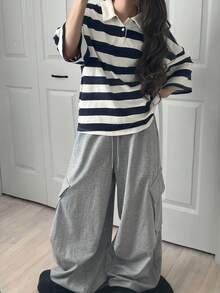 FRIFUL 95% Cotton Striped Polo Collar Drop Shoulder Short Sleeve Black & White Striped Loose Casual Versatile T-Shirt