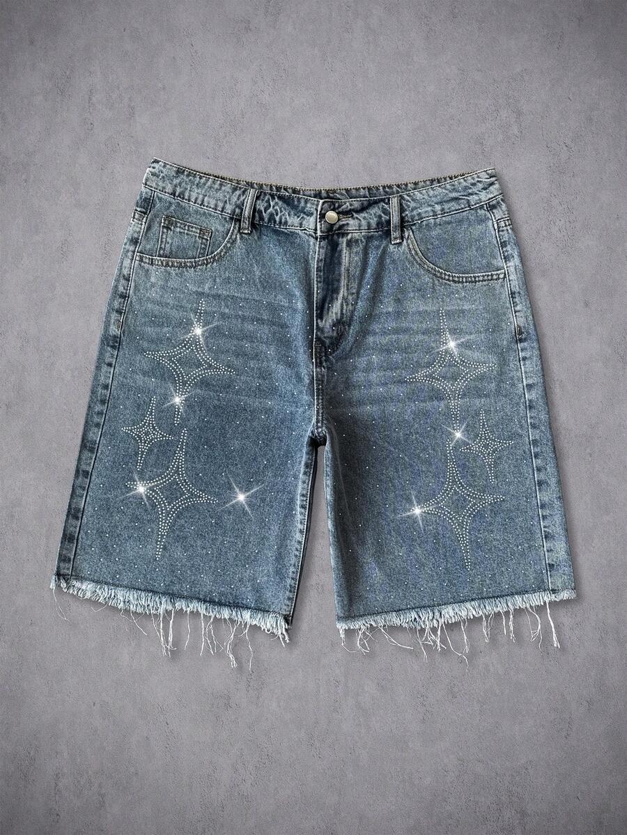 Manfinity ZONE917 Unisex Rhinestone Embellished Denim Shorts - Blue - View 1