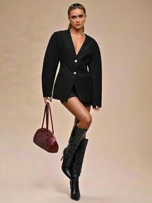 SHEIN BAE 女士夏季时尚休闲通勤低腰侧袋短裤 - 黑色 - 查看 5