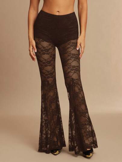 Silquee Autumn/Winter Sheer Black Lace Flare Pants, Solid Color, Sexy, Suitable For Music Festivals, Beach Parties, Carnivals And Holidays, Valentine's Day, Christmas Outfits, Dates/Outings/Nightclub Parties/Gatherings