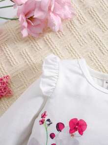 SHEIN Bộ đồ liền thân mềm mại cho bé gái sơ sinh cổ tròn tay dài xếp nếp họa tiết chim hoa, mùa thu/đông - trắng - Xem 3