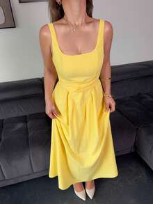 Jeta Ari 女士白色露背蝴蝶结长裙，春季白色连衣裙，毕业礼服 - 黃色 - 查看 3