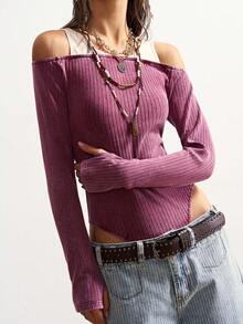 Bohemela Casual Color Block Long Sleeve Fitted Bodysuit For Women - Burgundy - View 2