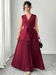 SHEIN Elenzya 大码女士优雅褶裥西装领无袖拼接连衣裙，优雅通勤办公连衣裙，适合毕业典礼、节日、情人节、音乐节、母亲节、万圣节、感恩节、复活节、国庆节、舞会、约会、派对、婚礼、郊游等场合。酒红色连衣裙，优雅长款连衣裙，酒红色优雅长款连衣裙，褶裥长款连衣裙，酒红色连衣裙，无袖长款连衣裙，褶裥连衣裙，酒红色褶裥连衣裙，优雅连衣裙，酒红色正式连衣裙，女士正式连衣裙，裹身连衣裙 - 酒紅色 - 查看 4