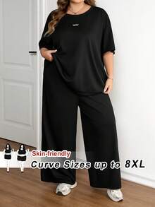 SHEIN CURVE+ 加大码黑色纹理针织上衣+宽松阔腿裤两件套，女士舒适休闲两件套 - 黑色 - 查看 10