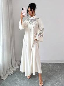 SHEIN Raffinéa 女士纯色印花优雅休闲旗袍领中式纽扣长袖宽松连衣裙，中东风格，端庄得体，可定制印花，春秋季，适合日常穿着 - 杏色 - 查看 5