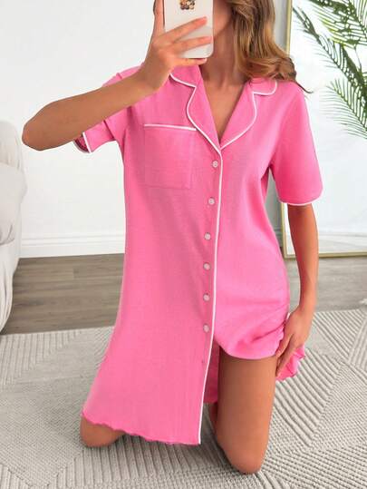 EURMUSE Women Cotton Button Front Detail Contrast Colour Piping Detail Short Sleeved Homewear Comfort Lounge Robe Night Dress Pajama Nightshirt For Women Pink Nightgown Sleepwear Dress Button Up Night Gown