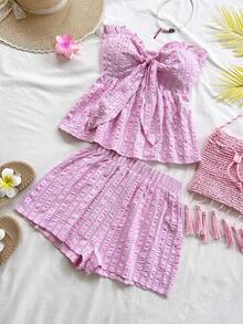 Soleia 女士条纹印花荷叶边下摆扭结前襟无袖露脐上衣和休闲短裤两件套，适合派对、海滩、度假等场合。 - 彩色 - 查看 6