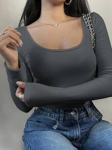 SHEIN BASICS Áo thun nữ tay dài cổ tròn màu trơn, dáng ôm, chất liệu vải giữ nhiệt được nâng cấp, có lớp lót giữ nhiệt mỏng nhẹ, áo thun co giãn ôm sát, thích hợp cho mùa thu và mùa đông. - Xám - Xem 3