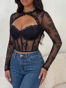 Allurite Women's Hollow Out Design Long Sleeve Lace Sexy Sheer Cropped Top - Black - View 5