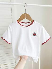 SHEIN Tween Girls Cute 3D Bow White T-Shirt, Casual & Versatile For Any Occasion - Red and White - View 5