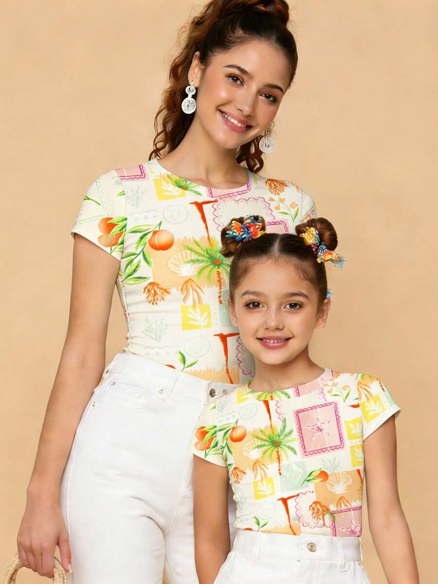 Teen Girls' All-Over Print Round Neck Casual Short Sleeve T-Shirt, Summer